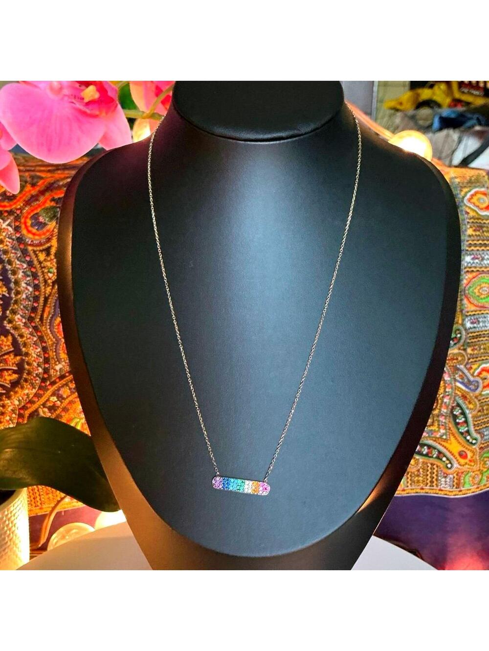 Rainbow Color Cubic Zirconia Bar Necklace 925 Gold Vermeil